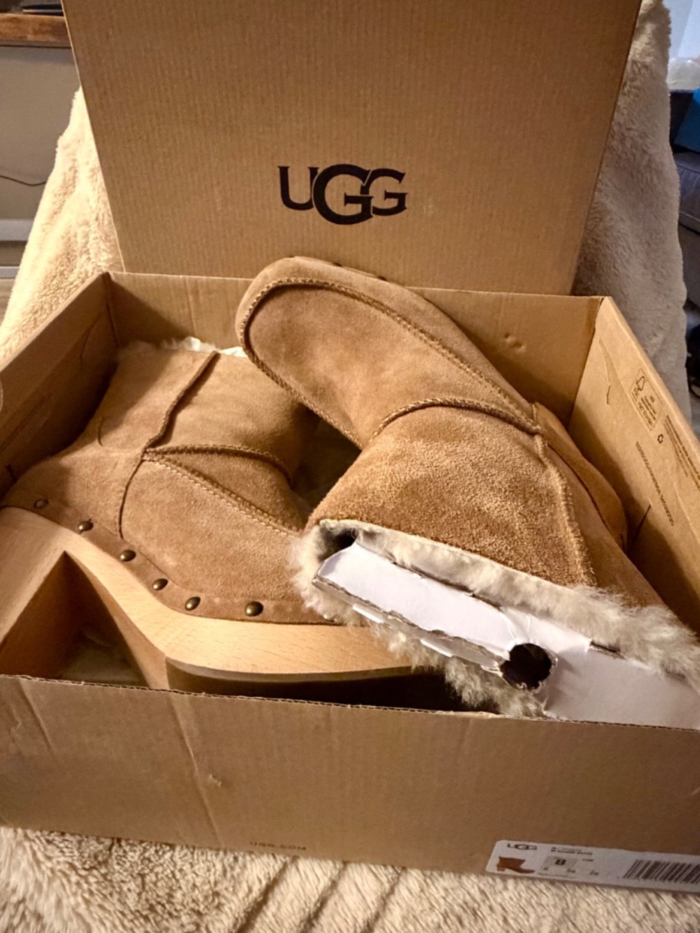 UGG Kouri Chestnut Suede Leather Sheepskin Wood Clog Ankle Boots Box Size 8 - Picture 4 of 4